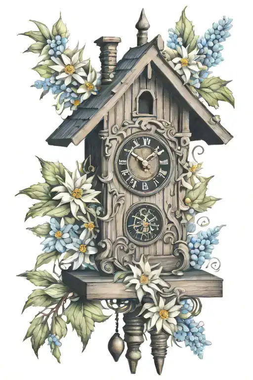 Cuckoo Clock Heavily German Influenced With Edelweiss Flowers German cottage tattoo design idea