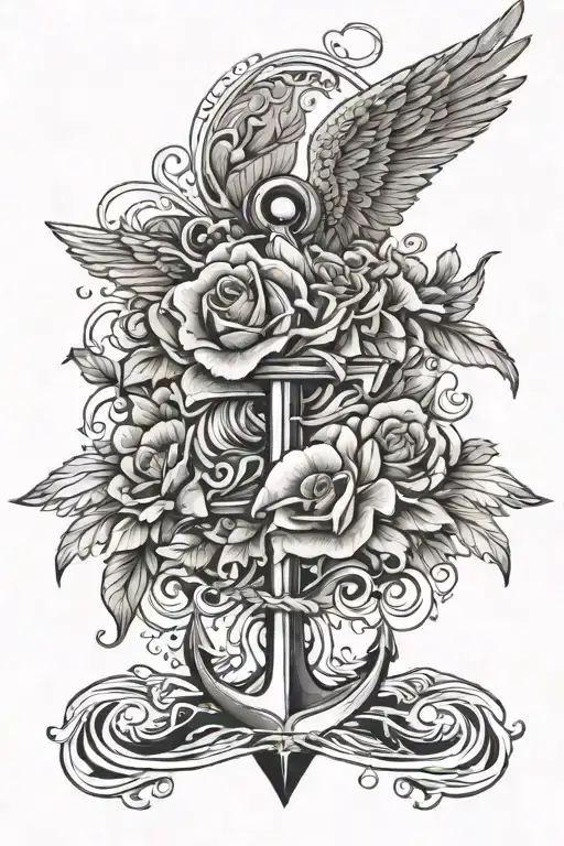 flower, angel wings, water, waves crashing in the background, anchor   tattoo design idea