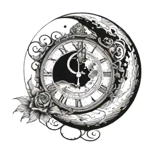 a moon with a clock that reminds me that i will die one day in a more gothic and obscure way that says 'tiempo restante' tattoo design idea