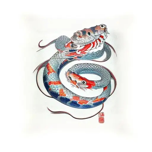 snake and koi fish along collarbone tattoo design idea