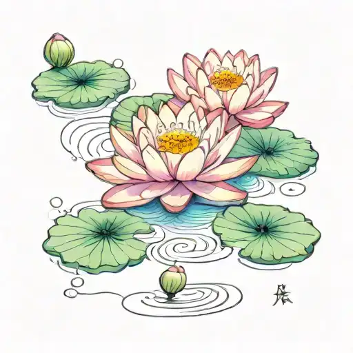 fine line, illustrative watercolor, feminine but bold water lily on a pad with minimal ripples tattoo. tattoo design idea