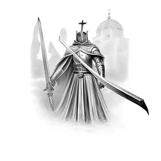 A powerful Templar knight holding a sword with the silhouette of a church in the background tattoo design idea
