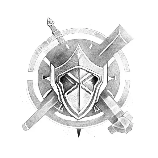 A symbolic representation of a Templar knight's helmet surrounded by holy symbols tattoo design idea