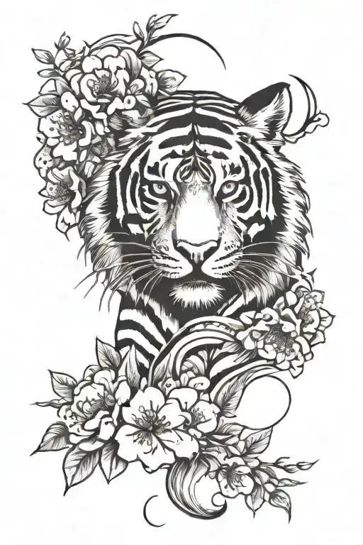 Sun And Moon cherry blossom tiger tattoo design idea