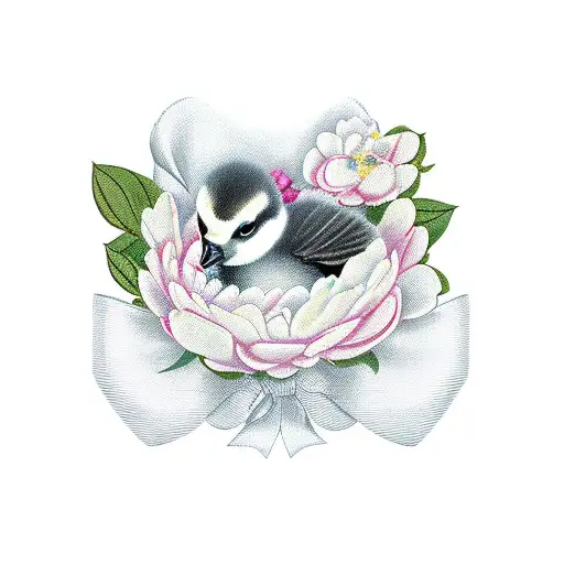 baby goose, headband with large bow, peony flowers, cradled like a baby tattoo design idea