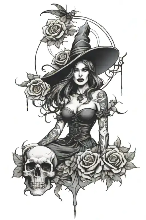 beautiful female witch above a castle with skulls and roses and spiders tattoo design idea