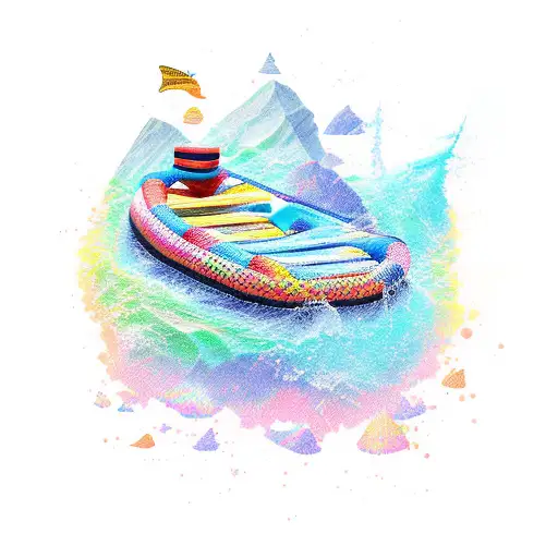 A new-school tattoo of a colorful raft navigating through a wild and turbulent river surrounded by towering cliffs tattoo design idea