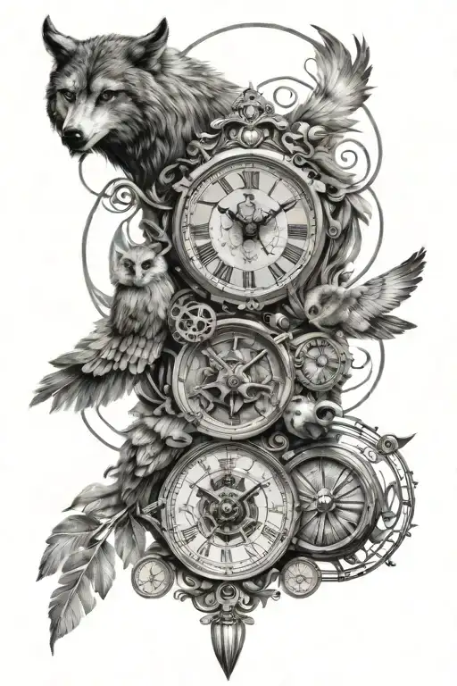 OWL,WOLF ,BEAR,CLOCK, COMPASS SLEEVE FOR THE LEFT tattoo design idea