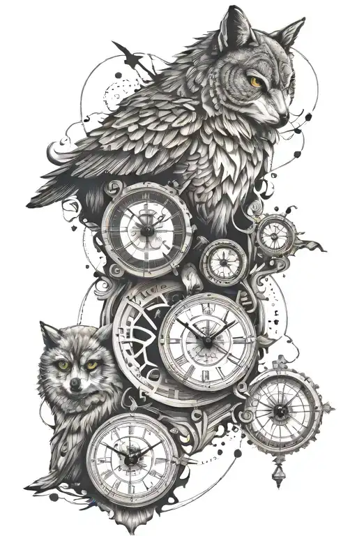 OWL,WOLF ,BEAR,CLOCK, COMPASS SLEEVE FOR THE LEFT tattoo design idea