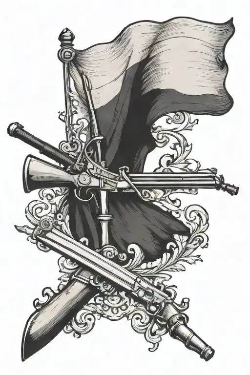 French flag in an old format with an old rifle and a sword of tattoo design idea