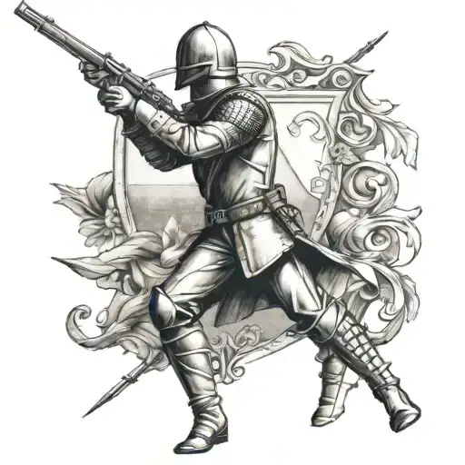 make me a french flag in a format with a model 1777 rifle and a knight's sword tattoo design idea