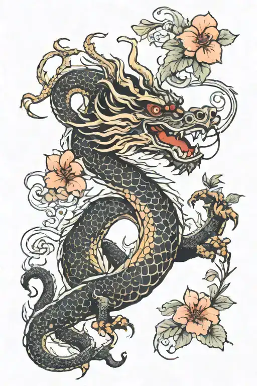 A Korean dragon surrounded by hibiscus flowers tattoo design idea