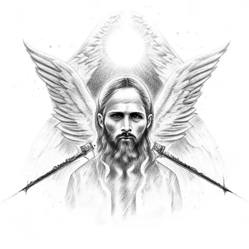 heavens gates, angels, man, bible tattoo design idea
