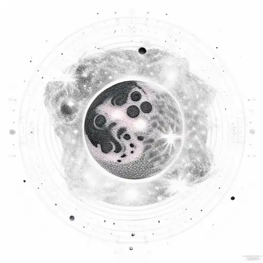 space background with stars in distance a black moon with the sun far behind it and Venus diagonally under it and mercu  tattoo design idea