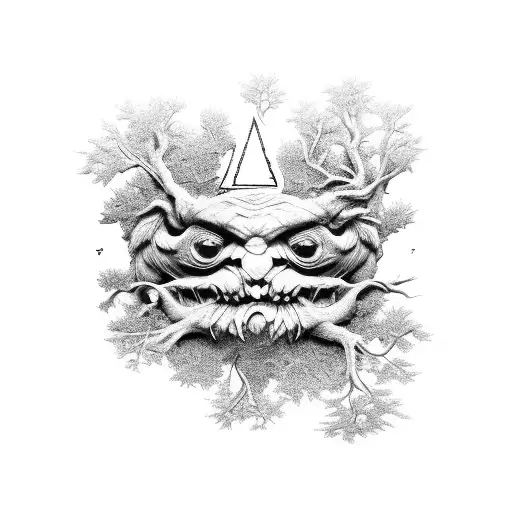 A chainsaw carving a beautiful tree trunk tattoo design idea