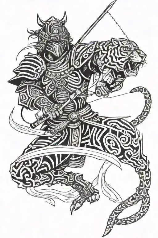 A futuristic samurai warrior battling a cybernetic tiger in a virtual reality gaming world tattoo design idea