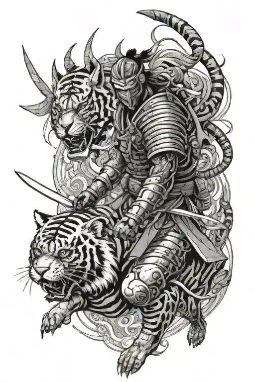A futuristic samurai warrior battling a cybernetic tiger in a virtual reality gaming world tattoo design idea