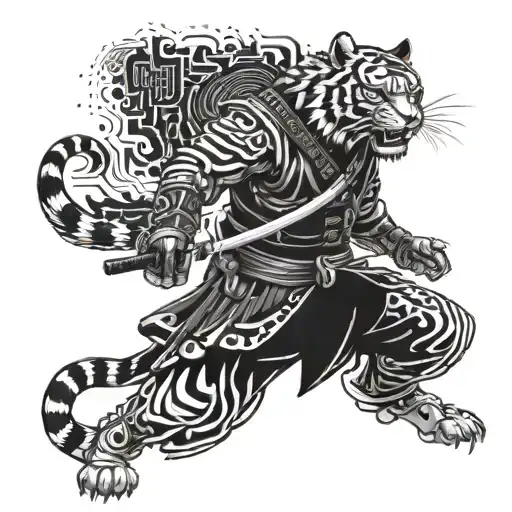 A futuristic samurai warrior battling a cybernetic tiger in a virtual reality gaming world tattoo design idea