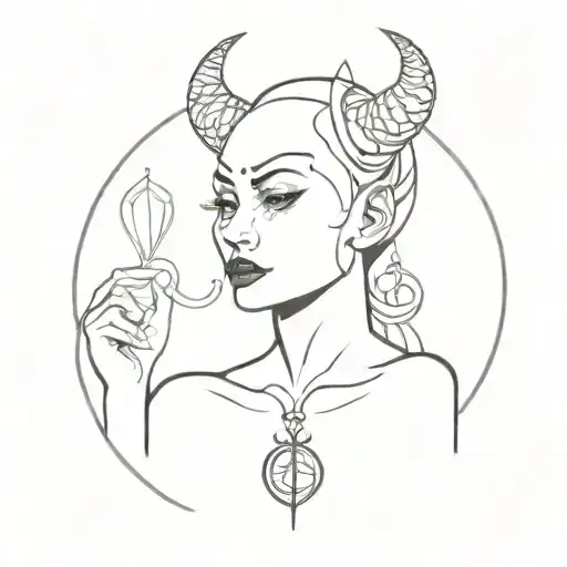 little devil made up as a woman with the zodiac sign of cancer tattoo design idea
