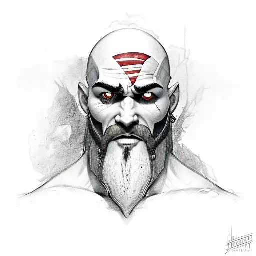 Kratos  portrait line work black and grey and red tattoo design idea