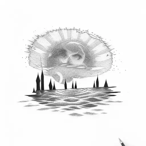 filipino sun setting over campsite tattoo design idea