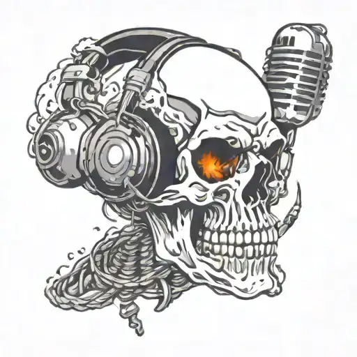 A new-school design of a skull wearing headphones and holding a microphone, with smoke billowing around it tattoo design idea