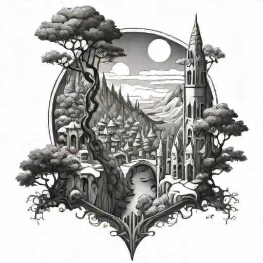 Fantastic world, elven city view,  tattoo design idea