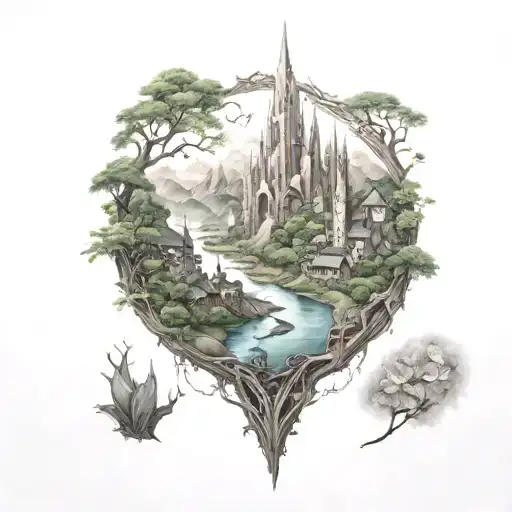 Fantastic world, elven city view,  tattoo design idea