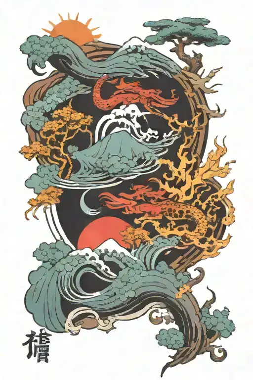Chinese characters: Wind, Forest, Fire, Mountain, from the Art of War displayed with the elements tattoo design idea