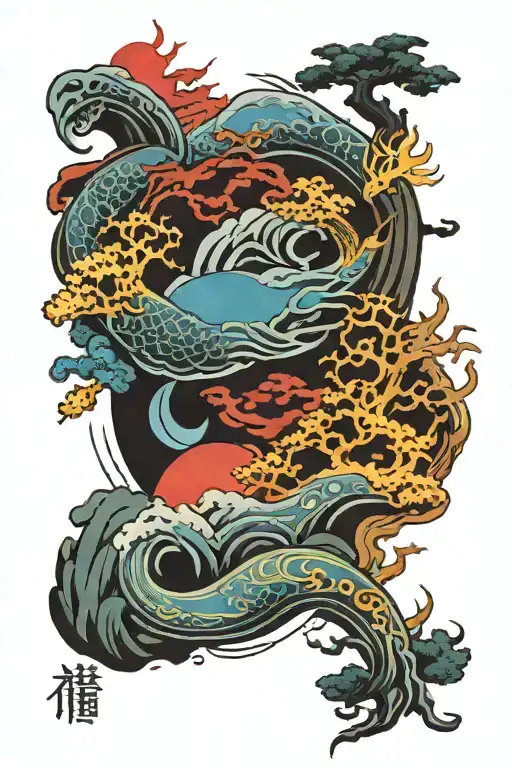 Japanese Arm Band Tattoo With Elements : Blue Wind, Yellow Forest, Red Fire, Black Mountain, with the phrase furinkazan tattoo design idea