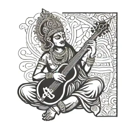 A blackwork tattoo of a mystical Hindu deity playing a musical instrument tattoo design idea
