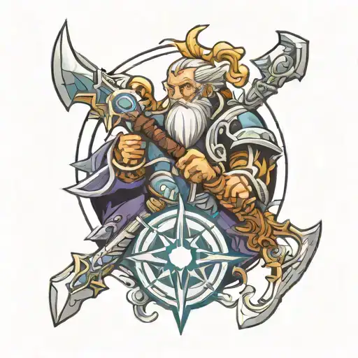 World of warcraft healer icon with priest staff leaning on one side and paladin hammer leaning on the other tattoo design idea