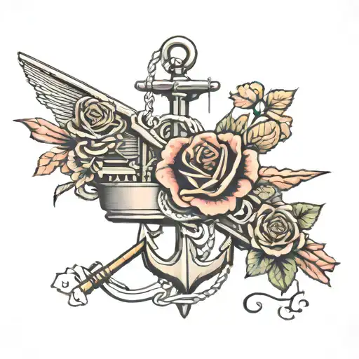 navy aircraft carrier with Marine Corps and a rose. navy anchor and Zia symbol tattoo design idea
