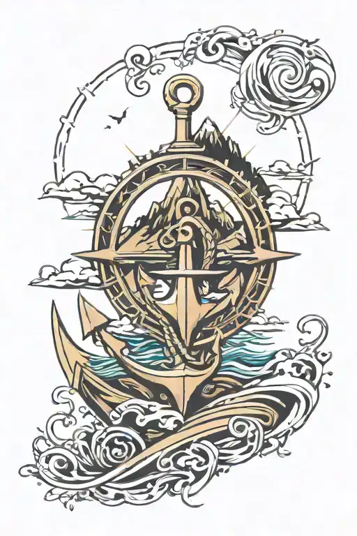 compas with anchor and mountains and waves tattoo design idea