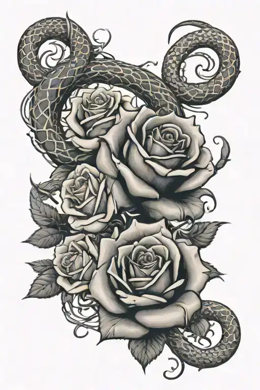three roses near each other with a snake wrapped around them, snakes tail creating a loop, medusa head inside the loop tattoo design idea