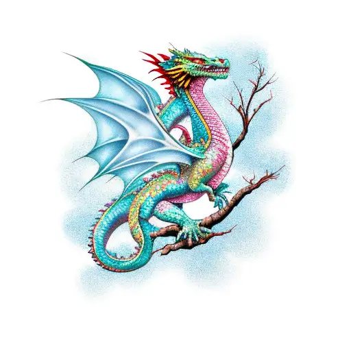 Dragon wrapped around a cheery blossom tree, the dragon is facing leftis tattoo design idea