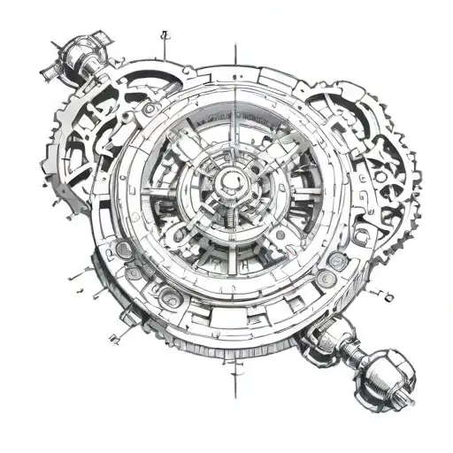 gyroscopic compass with gears and piston pumping a mechanical heart tattoo design idea