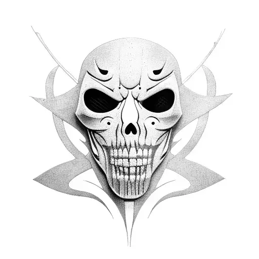 A surreal blackwork tattoo of a guitar transforming into a Hollywood Undead mask tattoo design idea