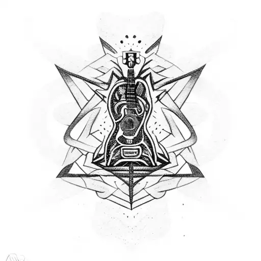 A guitar with intricate blackwork details intertwined with Hollywood Undead lyrics tattoo design idea