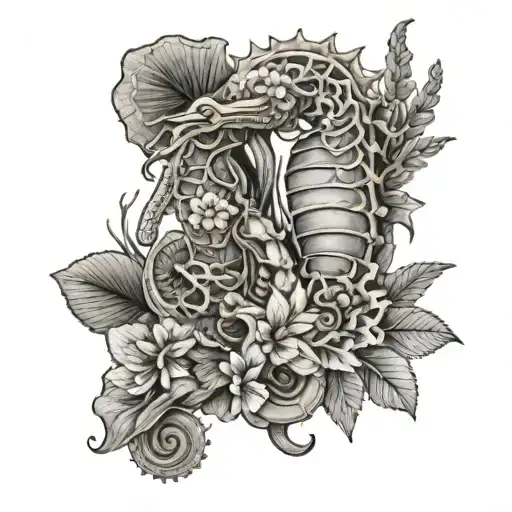 seahells with seahorse and seaweed with flowers and ocean theme  tattoo design idea