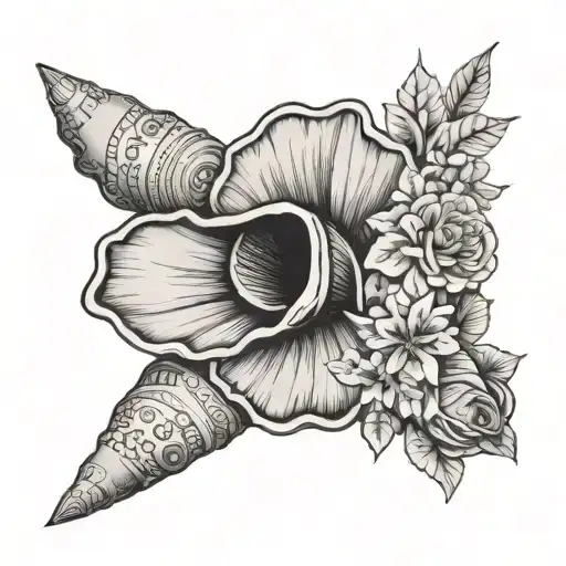 conch shell with flowers and sand dollar bills tattoo design idea
