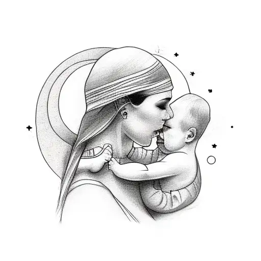 Mother and child fine line tattoo include at least 3 prominent stars, a moon, mountain, sea, a little bee around the mou tattoo design idea