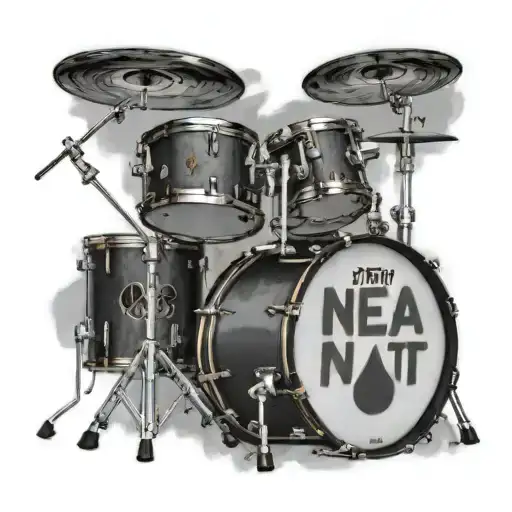 A realistic style tattoo of a drum set with the signature color scheme of Twenty One Pilots, featuring Mascota Ned playing the drums tattoo design idea