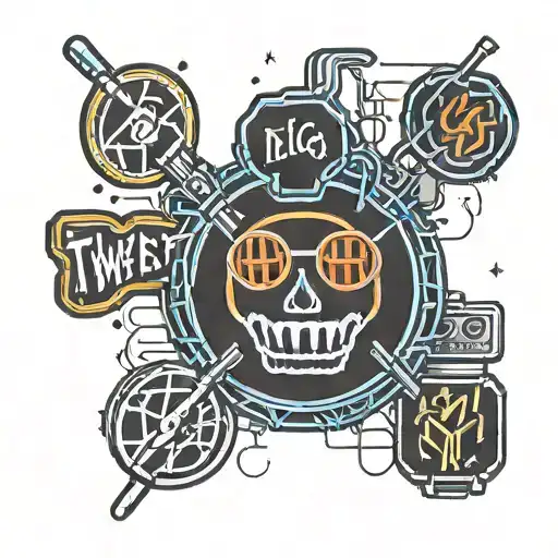 A new-school style tattoo of a neon sign that says 'Twenty One Pilots' with Mascota Ned's face as the centerpiece tattoo design idea