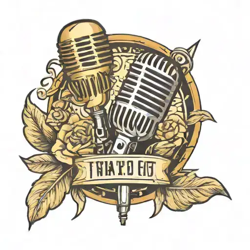 A traditional style tattoo of a microphone intertwined with the logo of Twenty One Pilots, with a realistic portrait of Mascota Ned in the background tattoo design idea