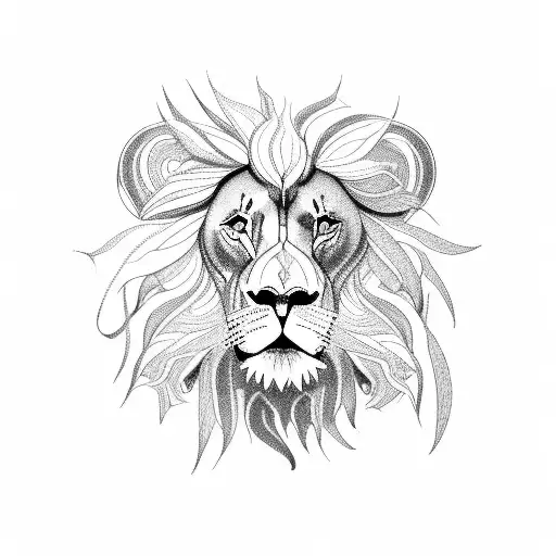 A lion with a majestic beard made of intertwining cannabis vines tattoo design idea