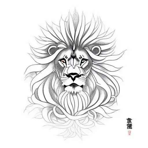 A lion with a majestic beard made of intertwining cannabis vines tattoo design idea