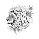 A lion with a majestic beard made of intertwining cannabis vines tattoo design idea