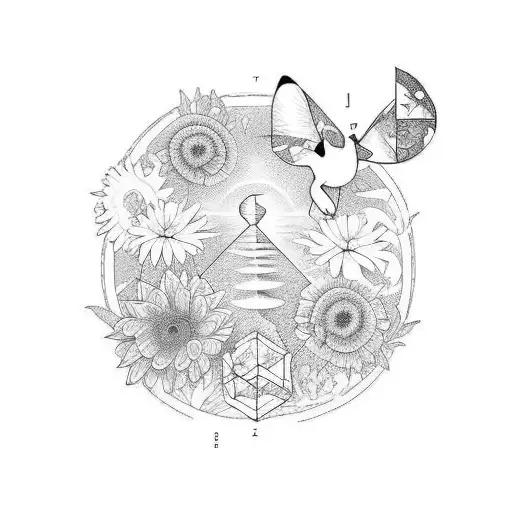 A realistic tattoo of a garden with math equations growing as flowers and a cat sitting among them tattoo design idea