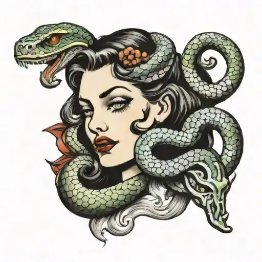 snake and girl face tattoo design idea